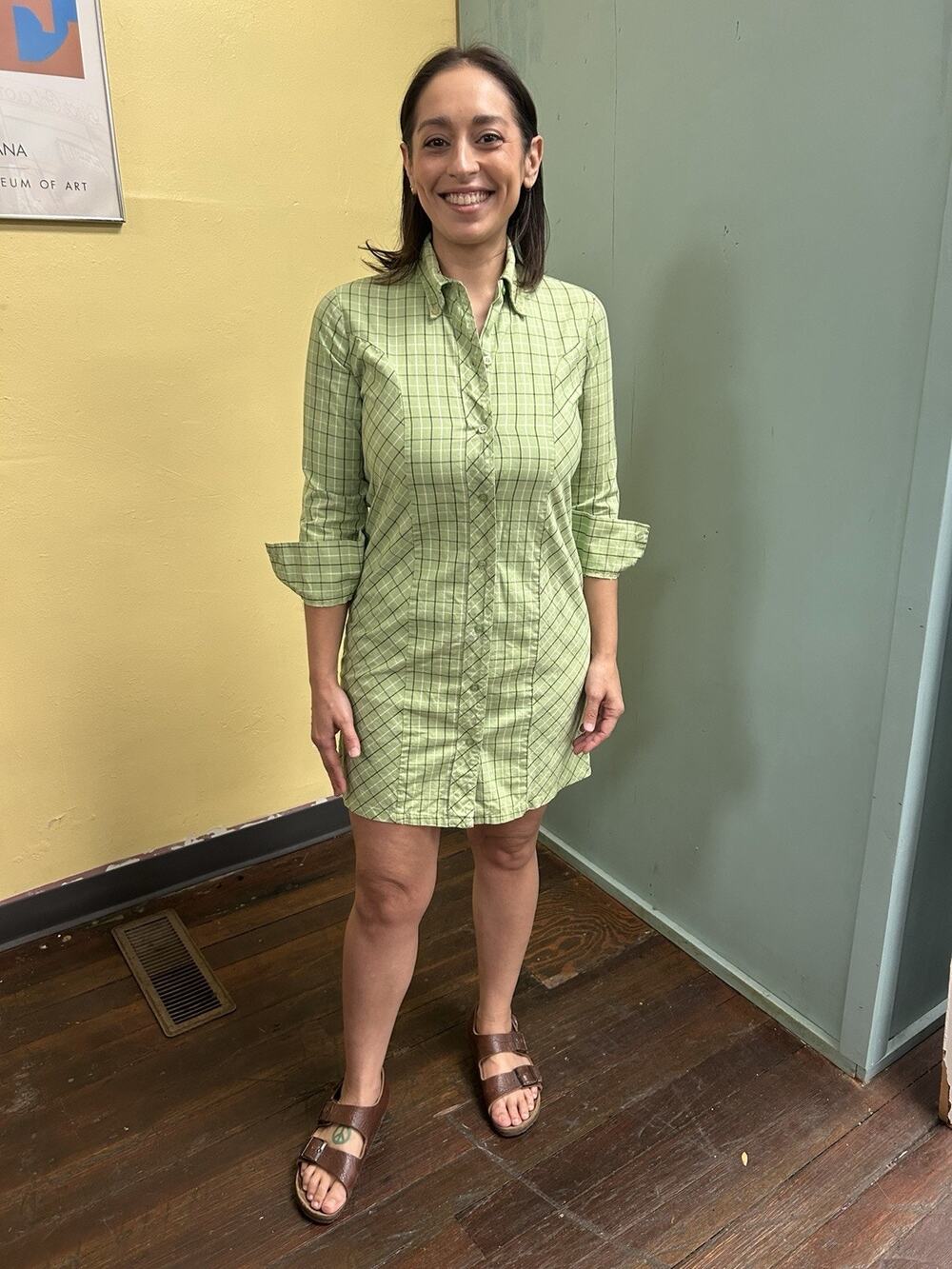 Vintage 60s Button Down Green Cotton Shirt Dress Size S